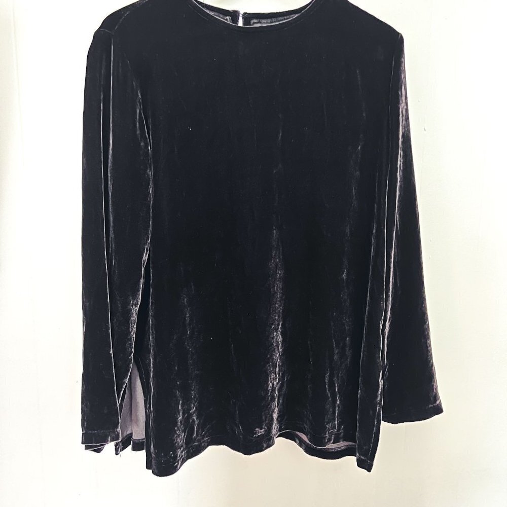 Eileen Fisher Brown Velvet Long Sleeve Top Silk Blend Key Hole Back Size Small